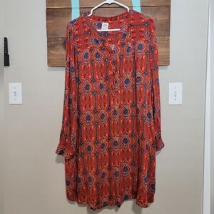 TINY Red and Blue Patterned Long Sleeve Lightweight Tunic Dress Size XL
